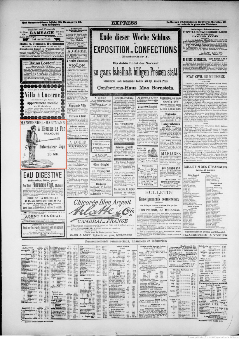 Journal L'Express de Mulhouse du 26 mai 1895 (p.4) : pulvérisateur Japy.